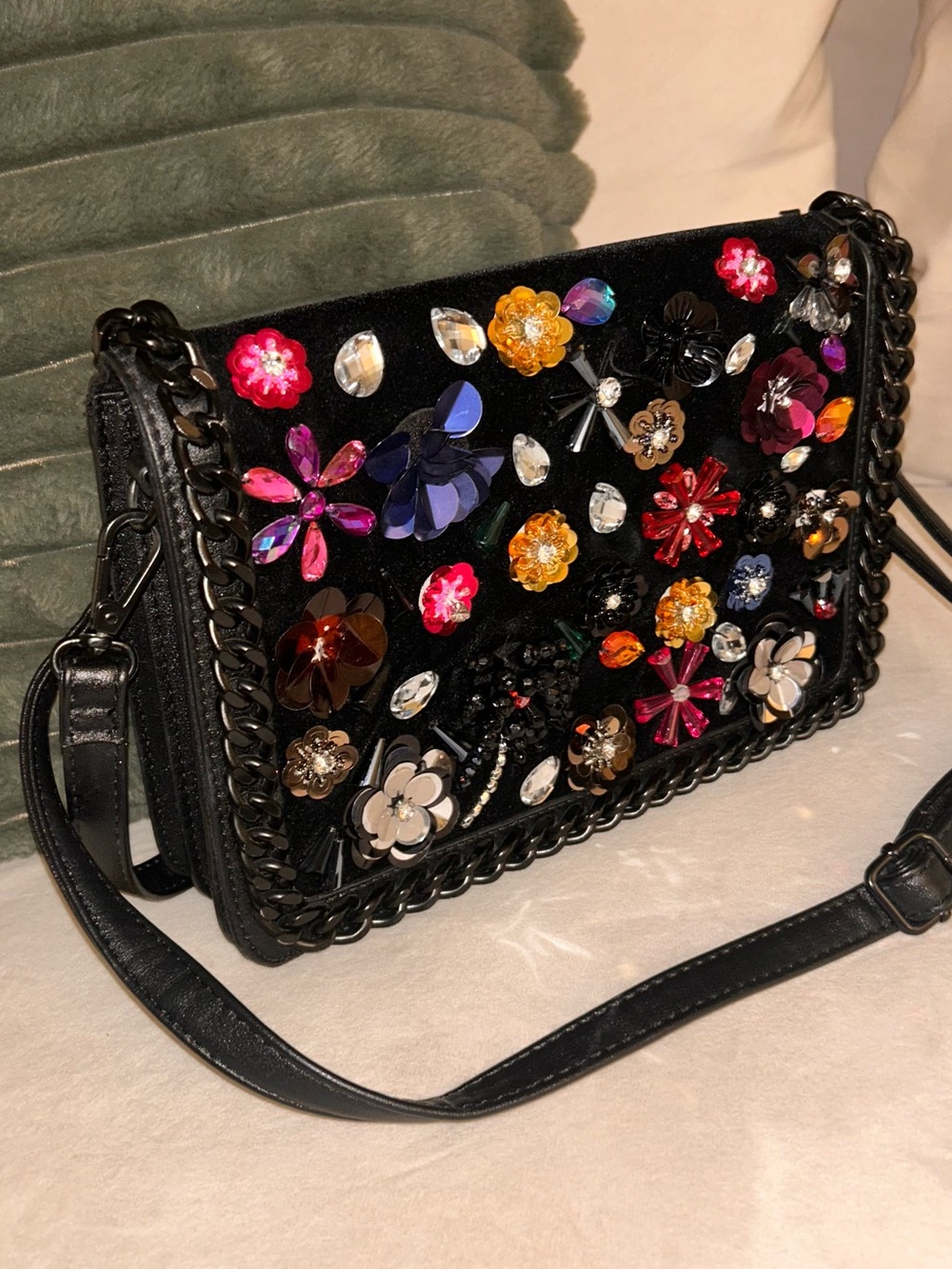 Aldo Black Floral Crystal-Embellished Crossbody Bag